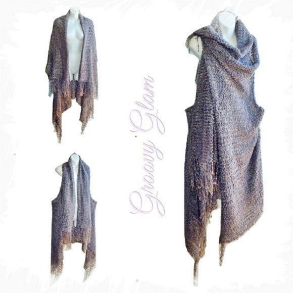 GROOVY GLAM Fringed Gray Shawl Collar Wrap Vest - Picture 1 of 8